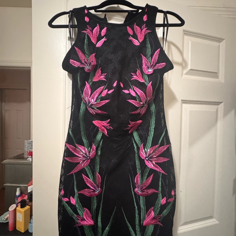 Guess Black Midi Dress with Pink Floral Embroidery